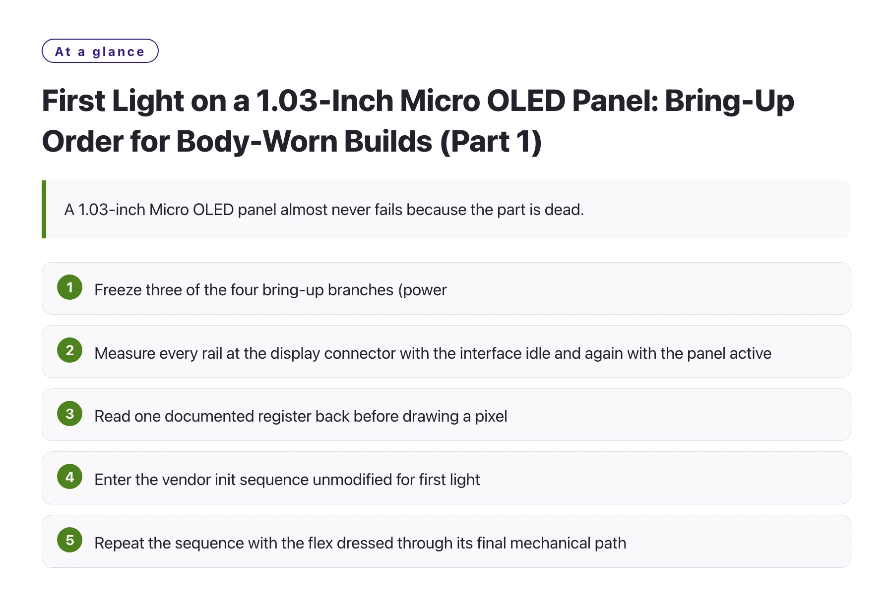 First Light on a 1.03-Inch Micro OLED Panel: Bring-Up Order for Body-Worn Builds (Part 1)——全文要点速览