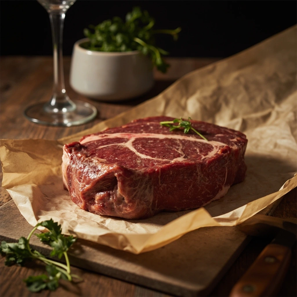 Dry-aged White Park sirloin on butcher's paper