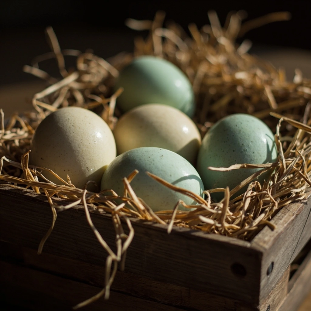 Half-dozen pullet eggs in a wooden trug