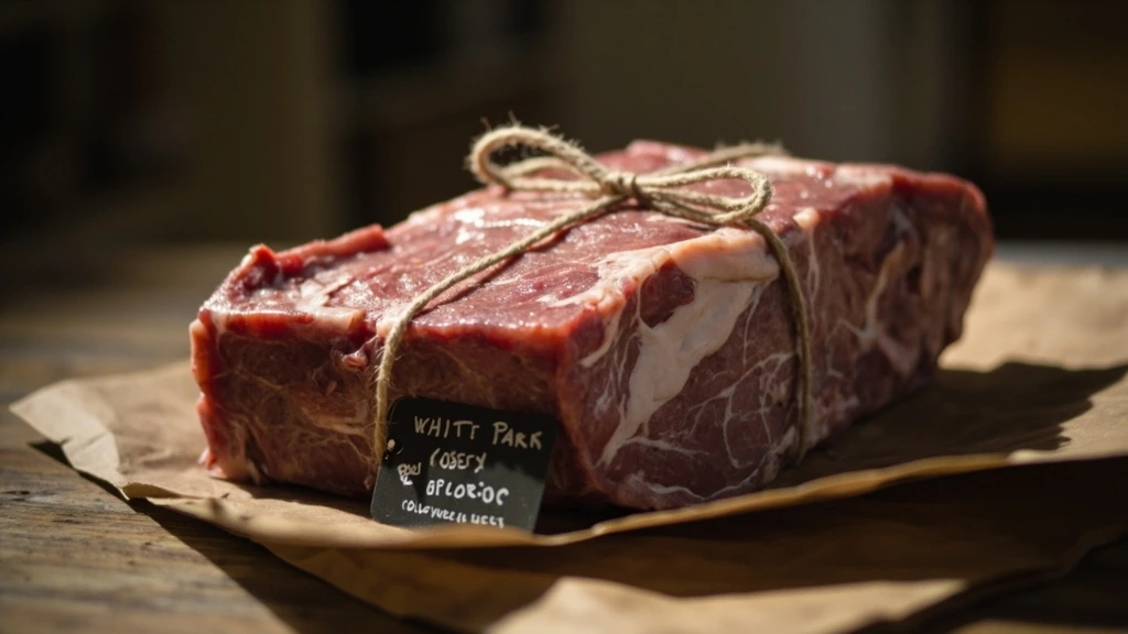 Tied White Park ribeye roast with chalkboard provenance tag