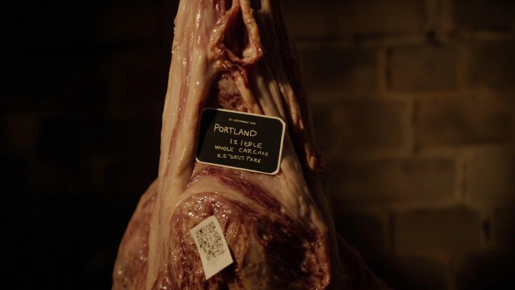 Whole Portland lamb carcass on butcher's hook with chalkboard label