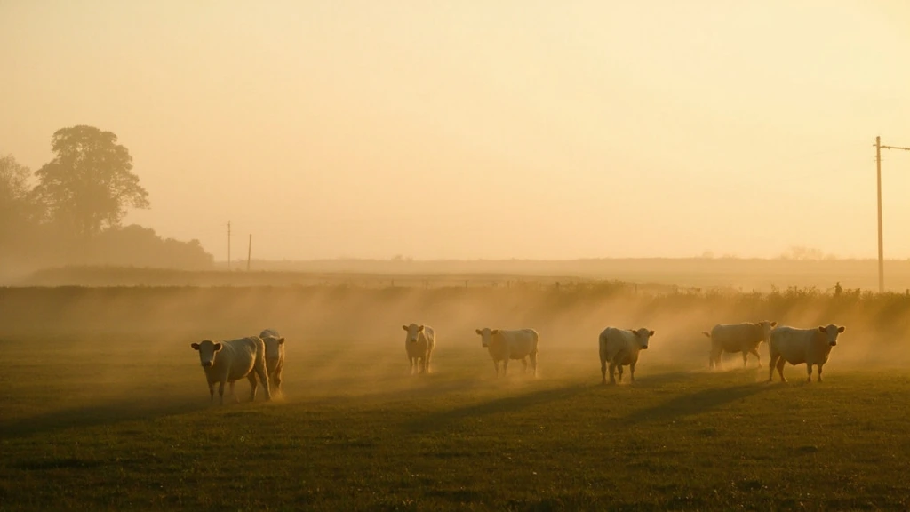 St Leonards Farm at dawn, looking east across the home pasture.