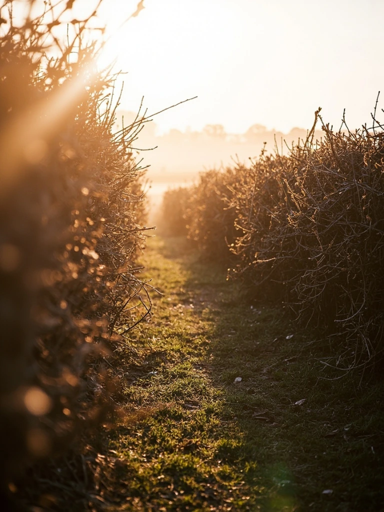 A freshly laid stretch of restored hedgerow along the south boundary, January 2024.