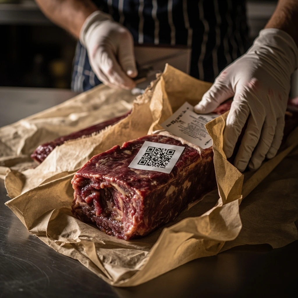 A butcher's chalkboard label and single-farm trace QR sticker on a wrapped sirloin.