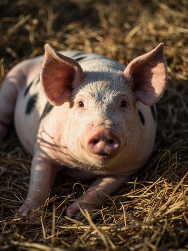 A Gloucester Old Spot sow in the winter straw yard.