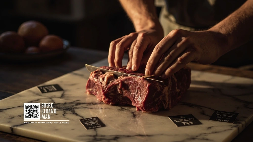 A butcher's hands trimming a dry-aged White Park sirloin on a marble slab at first light.
