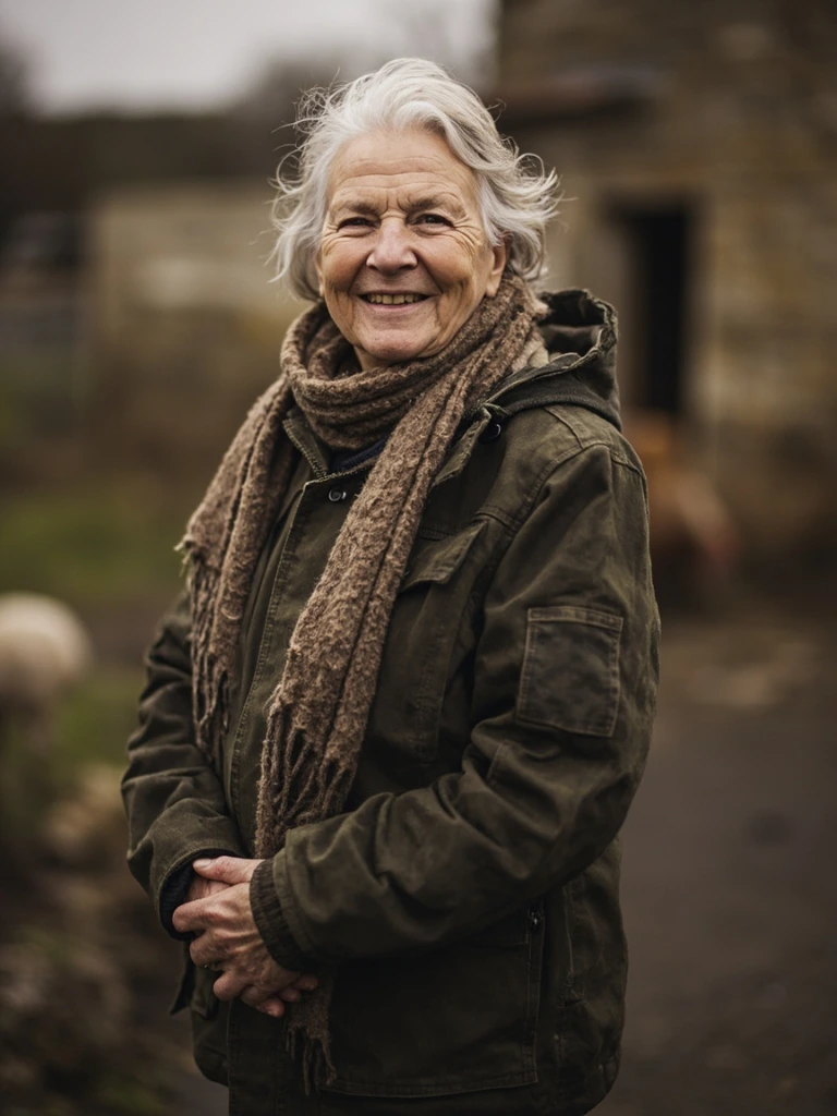 Margaret Halloran, fourth-generation farmer, photographed in the farmyard